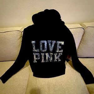 Rare find! Black fur-lined Victoria’s Secret PINK jacketed, silver sequins, L